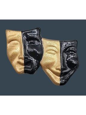 Comedy & Tragedy Black & Gold Tone Brooch Vintage 2 Sides 2 Faces Pin